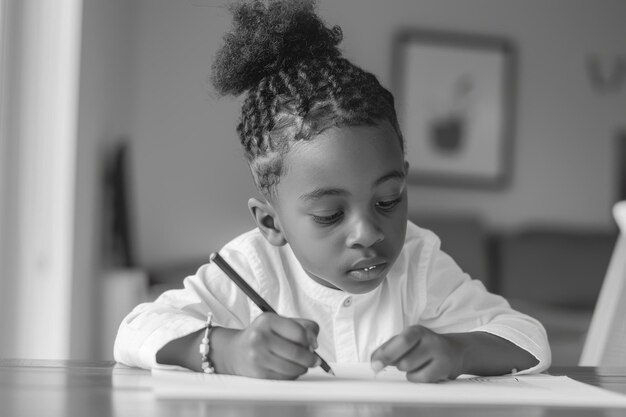 Vista lateral de Un niño lindo negro con un peinado de pan está profundamente enfocado mientras dibuja en un papel en una mesa de casa