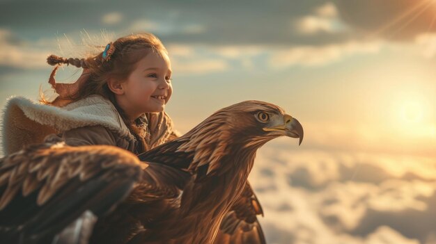 Foto la vista lateral del niño volando hacia el cielo brillante con un gran águila aigx