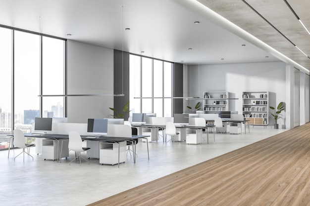 Vista lateral no espaçoso escritório de coworking com teto de luz alta e paredes de concreto brilhante e piso de madeira vista da cidade de grandes janelas e móveis de local de trabalho branco renderização em 3D