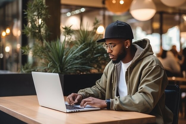 Vista lateral Os afro-americanos usam capuz e usam laptop na mesa de café IA generativa