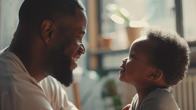 Vista lateral de un padre guapo y su lindo hijo mirándose y sonriendo mientras pasan tiempo juntos en casa