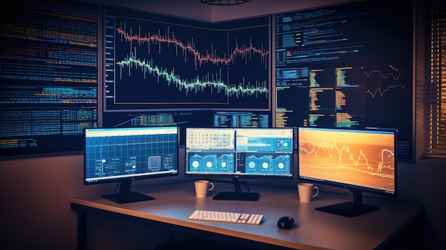 La vista lateral de una pantalla de computadora múltiple que muestra múltiples gráficos de informes financieros y pastel en el fondo de la oficina corporativa hermosa AI generativa AIG32