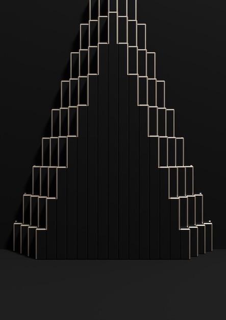 Vista lateral de la pantalla del producto de lujo mínimo negro sobre fondo de patrón abstracto piramidal líneas doradas
