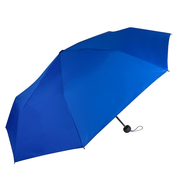 Vista lateral de un paraguas portátil azul abierto aislado sobre un fondo blanco con camino de recorte