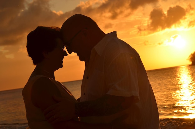 Vista lateral de una pareja romántica mirándose el uno al otro contra el mar durante la puesta de sol