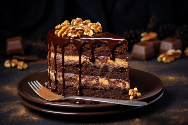 Vista lateral de un pastel cubierto de chocolate y nueces en la mesa