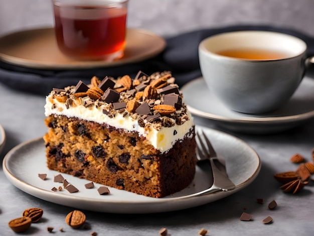 Vista lateral de un pastel de frutas cubierto de escamas de chocolate en la mesa servida con té IA generativa