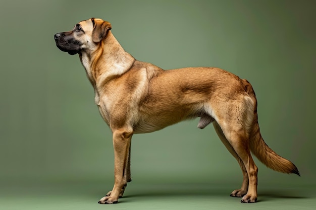 Vista lateral de un perro bronceado adulto bien cuidado de pie con confianza en un fondo verde en el estudio