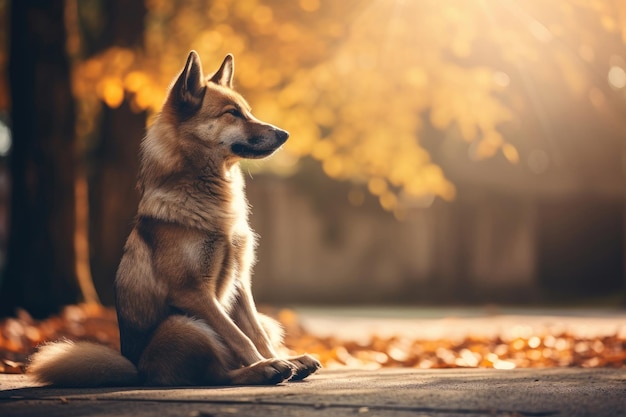 Vista lateral de un perro sentado en el parque de otoño
