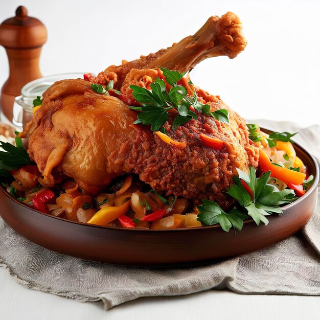Vista lateral ragout de pollo muslo de pollo frito con pimiento de cebolla y verduras sobre la mesa sobre fondo blanco.