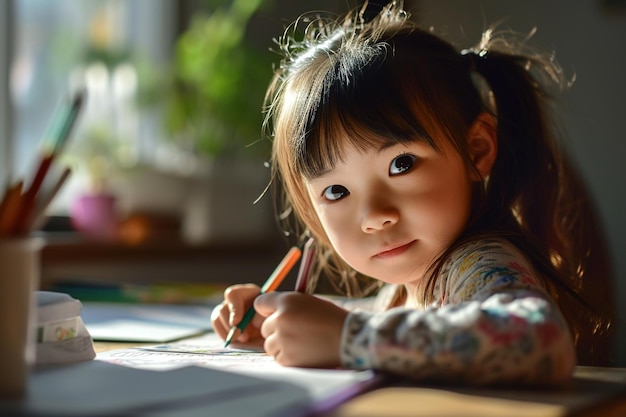 Vista lateral retrato de foco seletivo de menina pré-escolar asiática bonita com cauda de cavalo pintando na sala