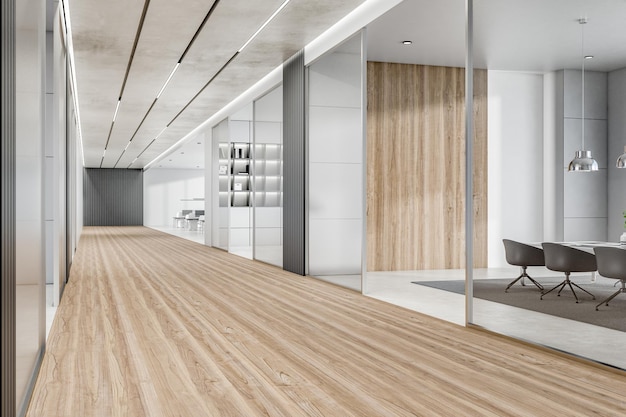 Vista lateral de un salón de oficinas espacioso y luminoso con un diseño interior moderno y minimalista decorado con paredes y suelos de madera y paredes transparentes de cristal con renderizado 3D