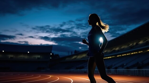 Vista lateral de la silueta de una mujer corriendo hacia adelante en la oscuridad en el estadio sólo con dos luces de dos lados
