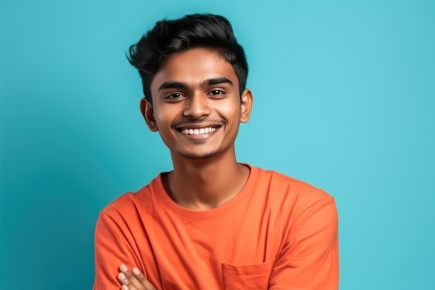 Vista lateral sonriente joven indio feliz usar camisa roja naranja camiseta blanca sostener la mano cruzada plegada mirada cámara aislada en el fondo azul claro pastel cyan estudio retrato concepto de estilo de vida
