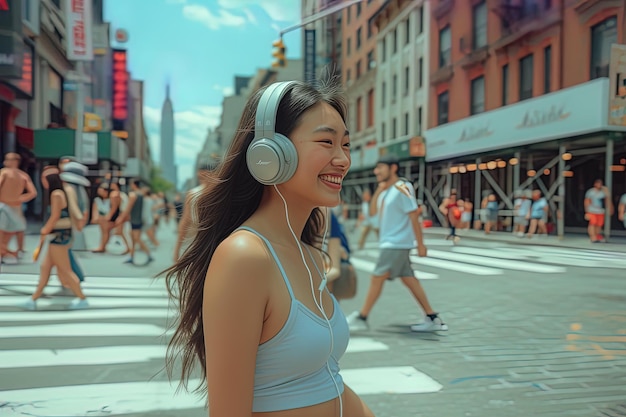 Vista lateral de la sonrisa de una joven asiática con auriculares caminando por la calle de la ciudad