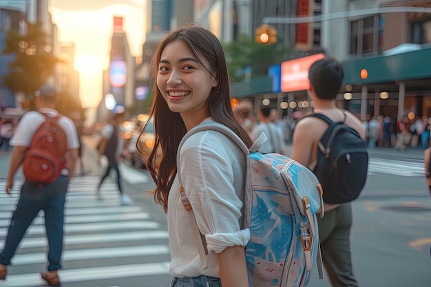 Vista lateral de la sonrisa de una joven asiática con mochila caminando por la calle de la ciudad