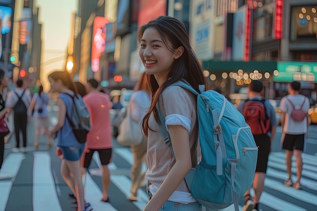 Vista lateral de la sonrisa de una joven asiática con mochila caminando por la calle de la ciudad