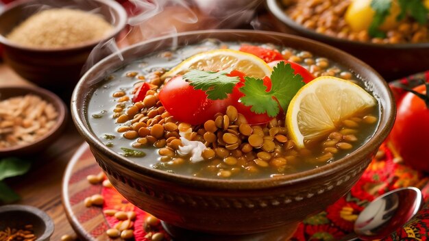 Vista lateral sopa tradicional de lentejas turca con tomates y limón en la mesa