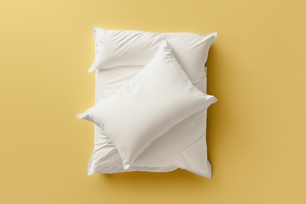 Foto vista lateral superior de la cama blanca con funda de almohada blanca y sábana blanca y manta para maqueta con fondo amarillo pastel