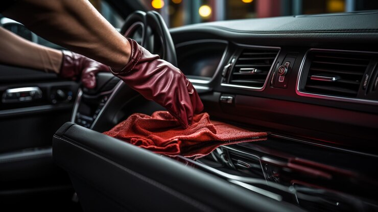 Vista lateral de un trabajador profesional de lavado de automóviles barbudo con guantes de goma negros sosteniendo la microfibra gris y limpiando la rejilla del radiador de un coche rojo de lujo