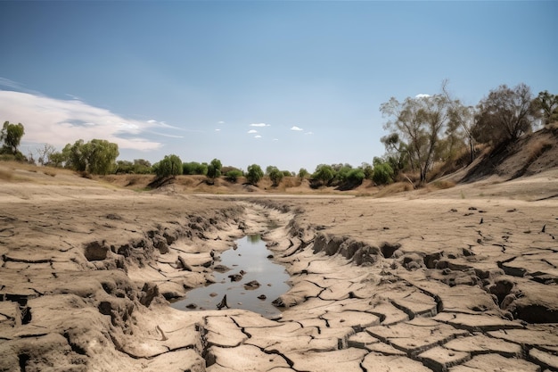 Vista del lecho del río seco con tierra agrietada y cielo azul creado con ai generativo