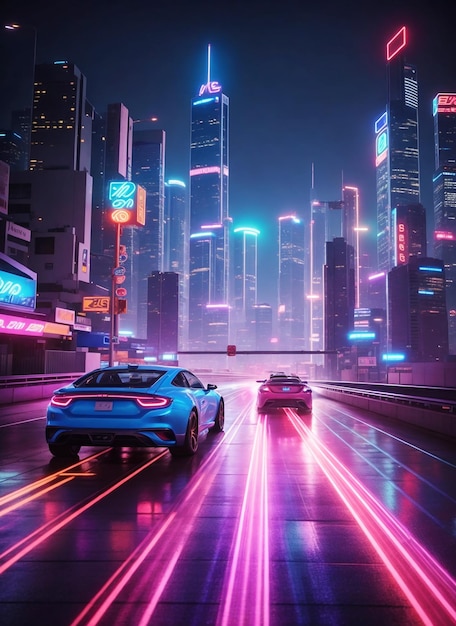 Una vista lejana de un paisaje urbano iluminado con luces de neón con autos corriendo en pistas de alta velocidad