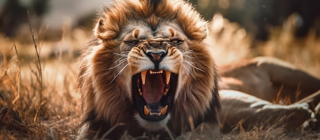 una vista de un león enojado en el fondo de la sabana