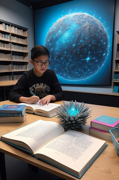 Foto vista de un libro en 3d con un estudiante