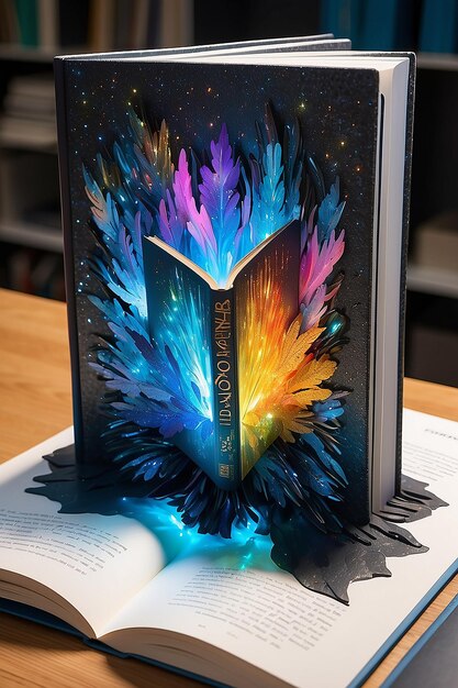 Foto vista de un libro en 3d con un estudiante