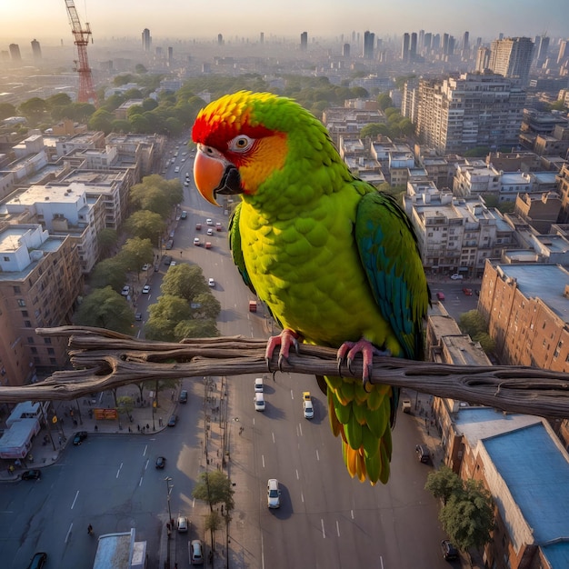 Foto vista de un lindo loro verde de pie en una línea eléctrica en una calle concurrida