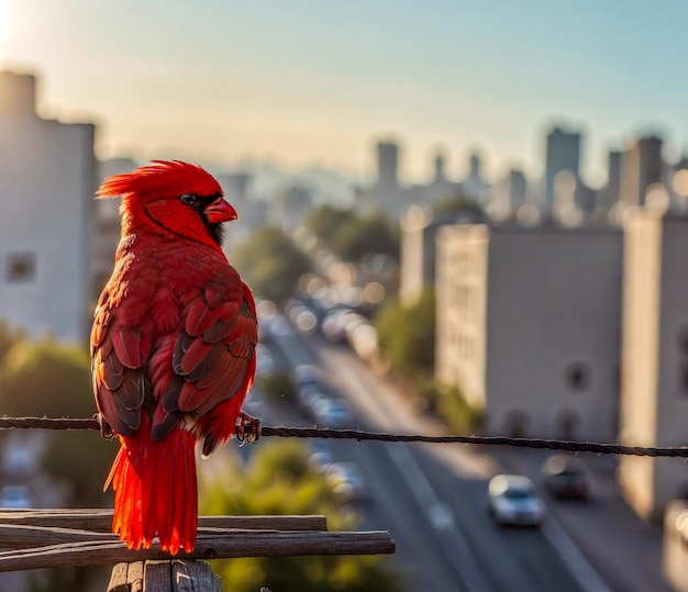 Vista de un lindo pájaro cardenal rojo de pie en una línea eléctrica en una calle concurrida