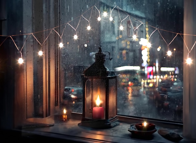 Vista lluviosa de la ciudad por la noche desde la ventana, reflejo de la luz de las velas gotas de lluvia sobre el vidrio, tráfico de automóviles