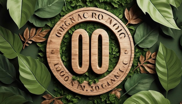 Vista de un logotipo de madera 100 orgánico con hojas alrededor de la representación 3D