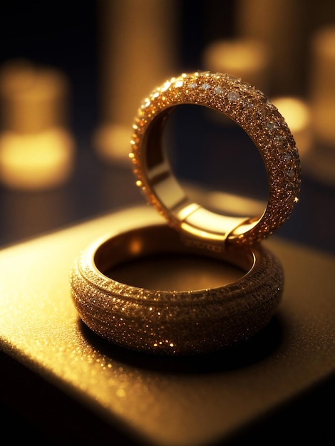 Vista del lujoso anillo dorado en exhibición de joyas de fieltro