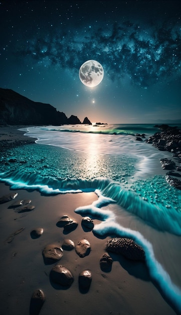 Vista de luna llena sobre la playa con rocas y agua generativa ai