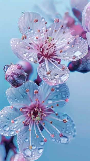 Foto vista macro de uma flor de ameixa azul com fundo azul