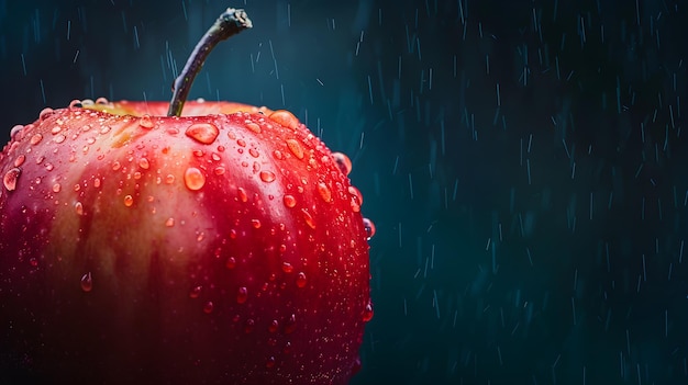 Vista macro de una deliciosa manzana roja con gotas de agua en ella