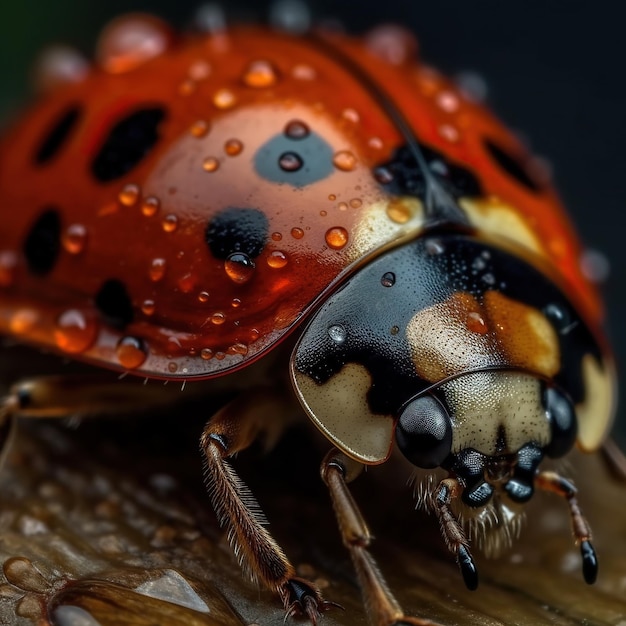 Vista macro extrema de lady bug con gotas de agua