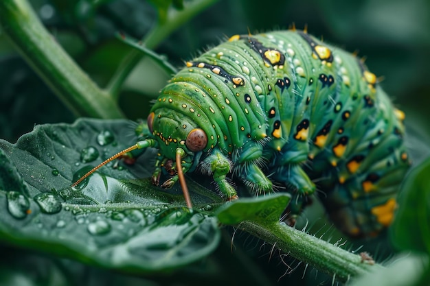 Una vista macro de un gusano de cuerno de tomate en una planta de tomate su gran cuerpo verde camuflado entre las hojas