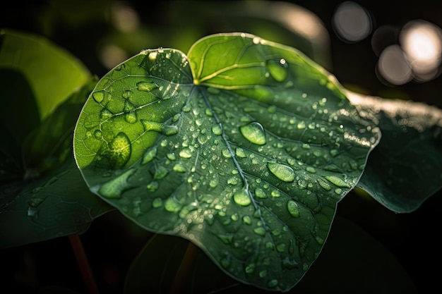 Vista macro de hoja verde con gotas de rocío y luz solar brillando