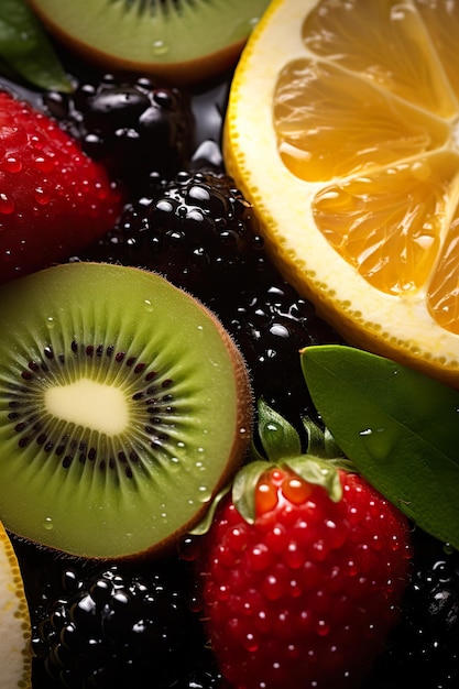 Foto vista macro de los pedazos de frutas jugosos
