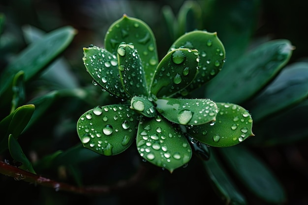 Vista macro de planta verde con gotas de rocío en sus hojas