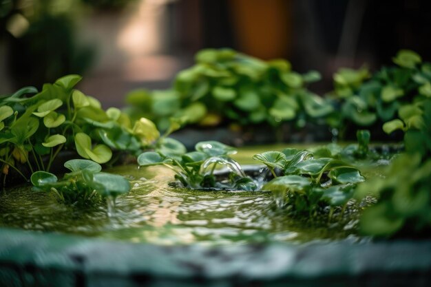 Vista macro de plantas verdes que crecen en una fuente de agua