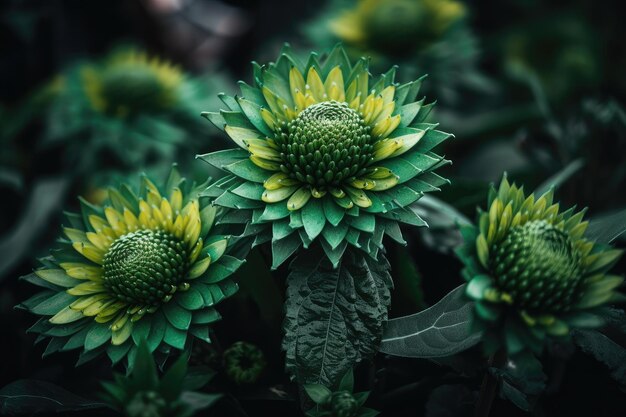 Vista macro de plantas verdes vibrantes con flores coloridas