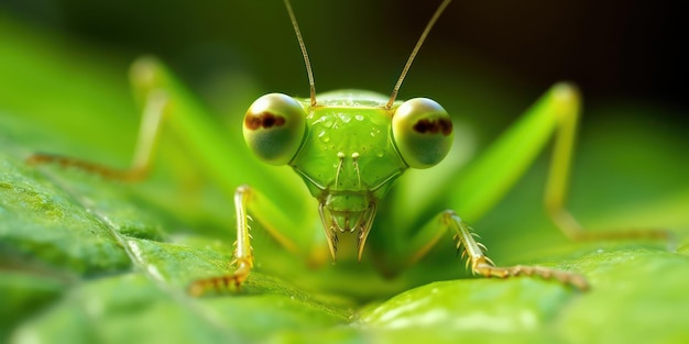 La vista macro revela la intrincada interacción de una mantis religiosa con una hoja