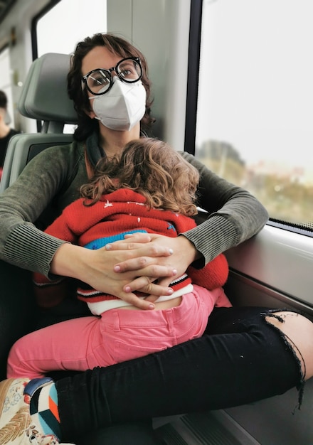 Vista de la madre con la hija en su regazo viajando en tren