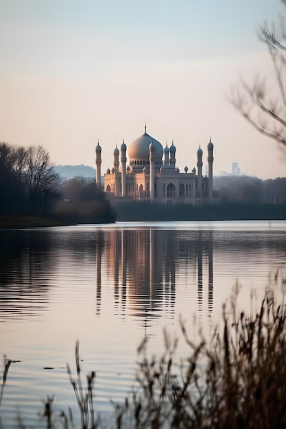 Vista de la magnífica mezquita desde el borde del lago generativo ai