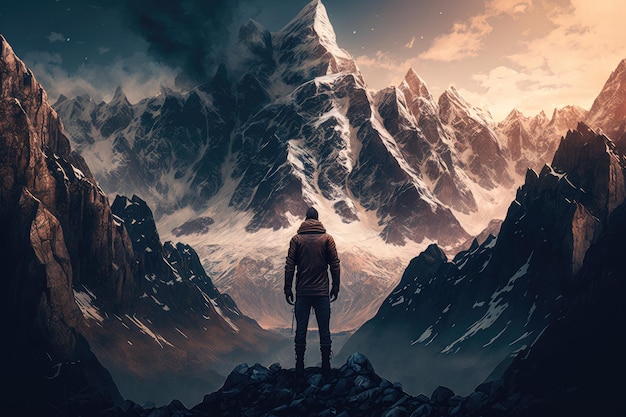 Vista majestosa da imponente cordilheira com o homem de pé no pico olhando para a paisagem