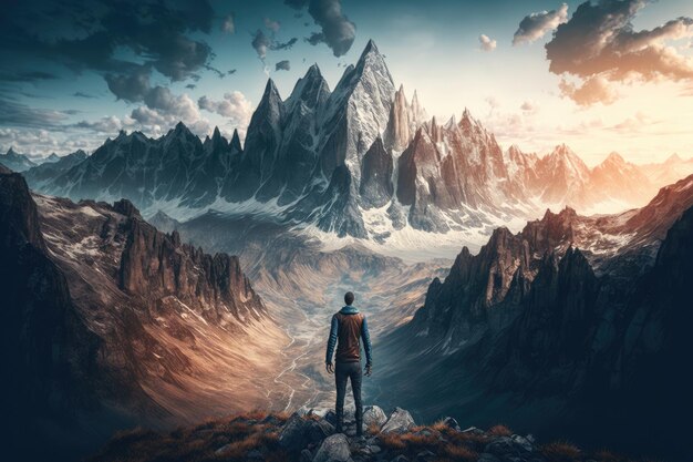 Vista majestosa da imponente cordilheira com o homem de pé no pico olhando para a paisagem