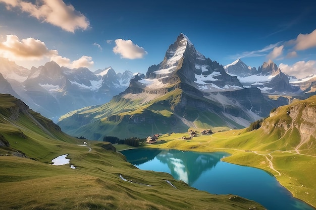 Vista majestosa das altas falésias acima do lago Bachalpsee Localização Alpes suíços Suíça Vale de Grindelwald